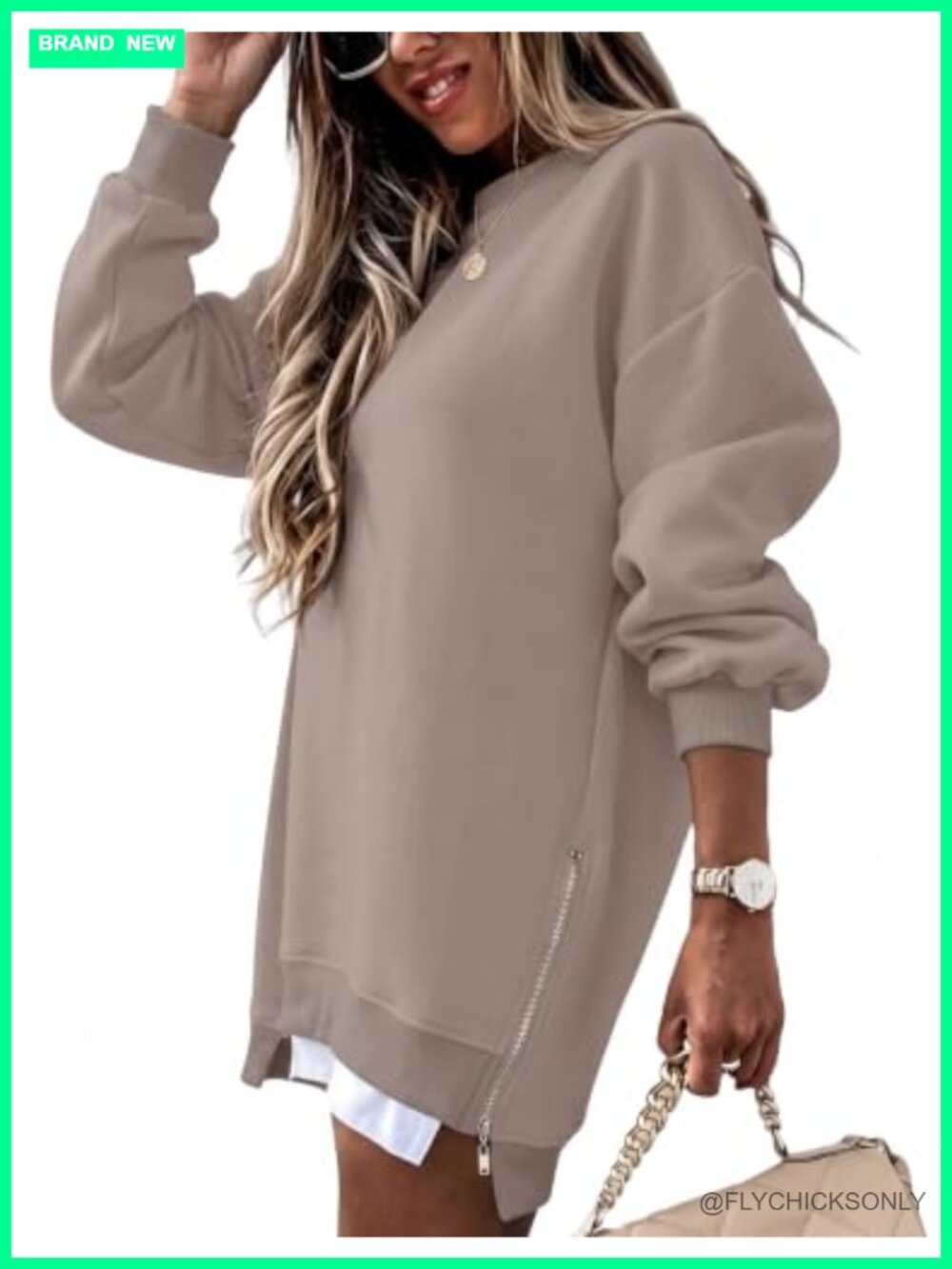Women's Oversized Fleece Crewneck Tunic Sweatshirt Pullover Side Zip